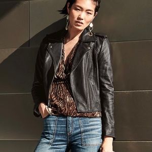 Joie Leolani Black Lambskin Leather Moto Jacket L